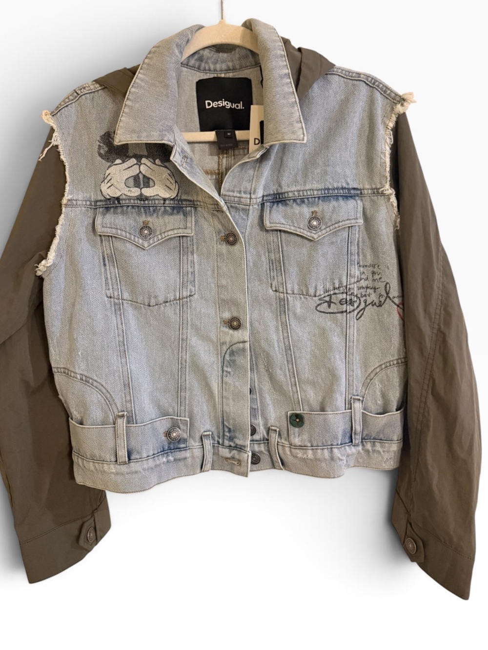 Desigual x Mickey Mouse Embroidered Mixed Media Denim Hooded Jacket Medium - Picture 3 of 13